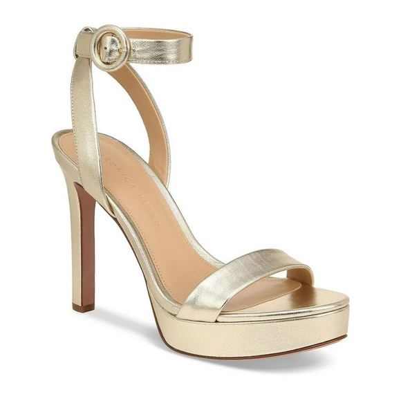 Veronica Beard Darcelle Platform Stiletto Sandal Heels Metallic Gold Sz 9.5 - Picture 1 of 16